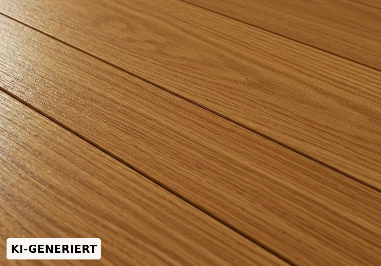 Nahaufnahme der Maserung eines hellen Eichen-Laminatbodens im streifenden Licht