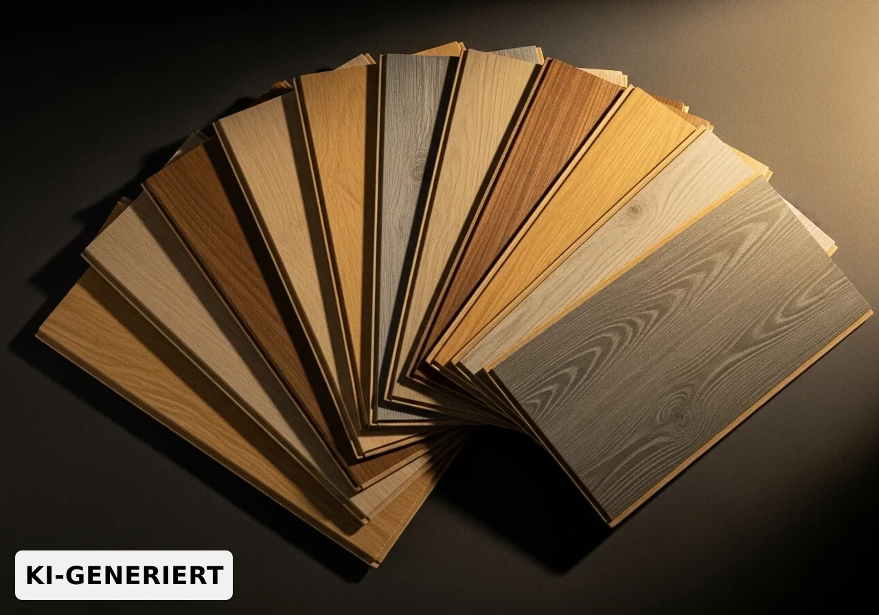 Aufgefächerte Laminat- und Vinyl-Musterdielen in verschiedenen Holztönen auf dunklem Untergrund