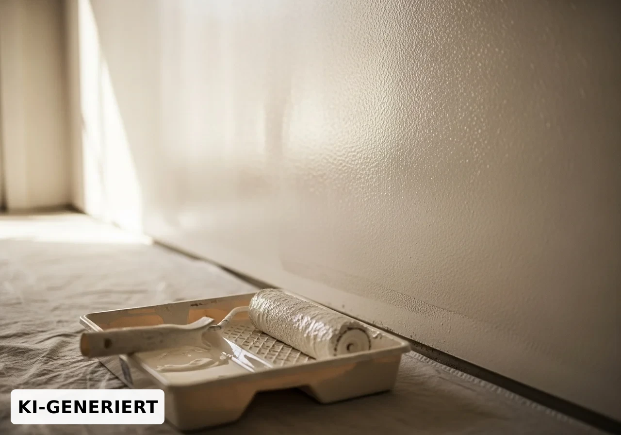Farbrolle und Farbwanne auf einer Abdeckplane vor einer frisch gestrichenen Wand